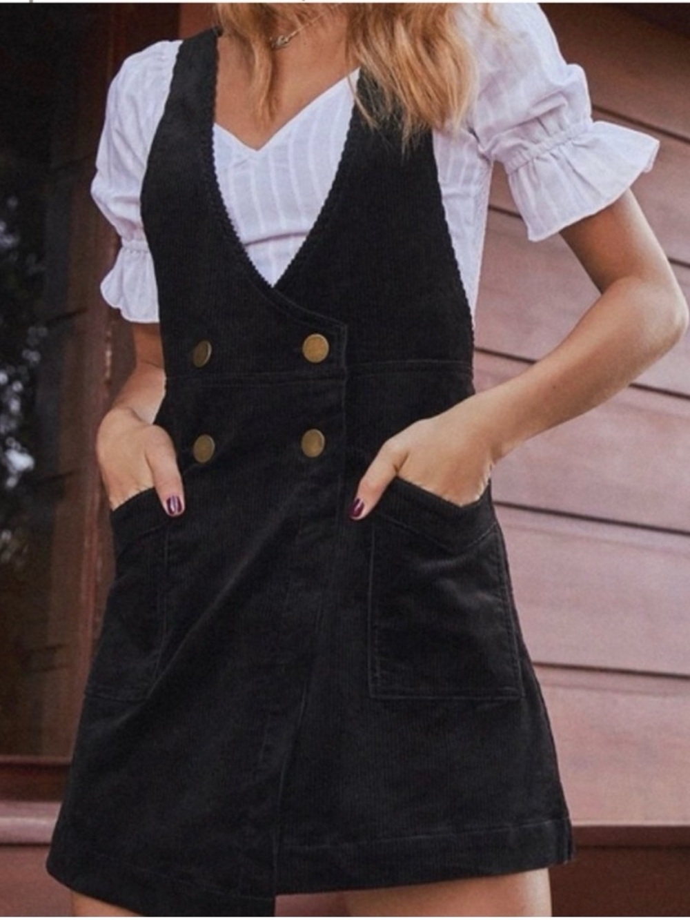 Free People Canyon Lands Corduroy Jumper Pinafore Black Mini Dress 6 - Picture 1 of 9